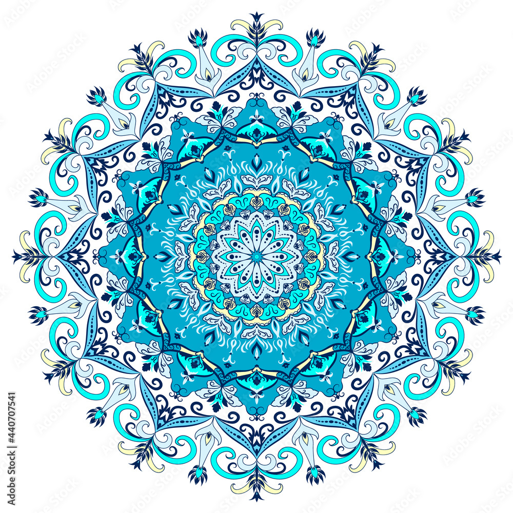 Mandala wonderful blue colour isolated on white background. Decorative round ornament.