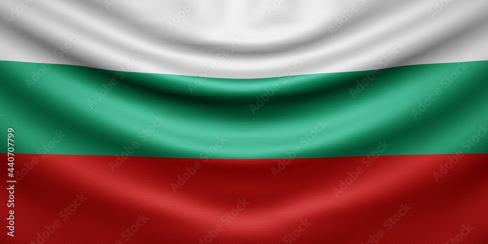 Hanging wavy national flag of Bulgaria with texture. 3d render.