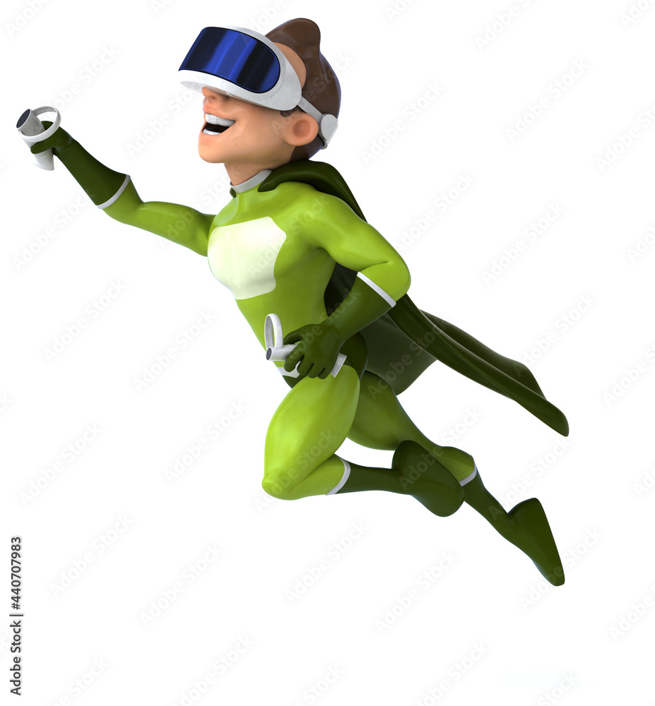 Fun 3D Illustration of a superhero with a VR Helmet
