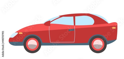 Car. Cartoon comic funny style. Side view. Beautiful red Automobile. Auto in flat design. Childrens illustration. Object is isolated on white background. Vector