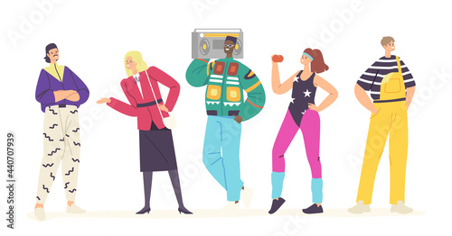Happy Characters in 80s 90s Fashion Style Clothes and Hairstyle Dancing Disco, Training, Listen Music with Tape Recorder