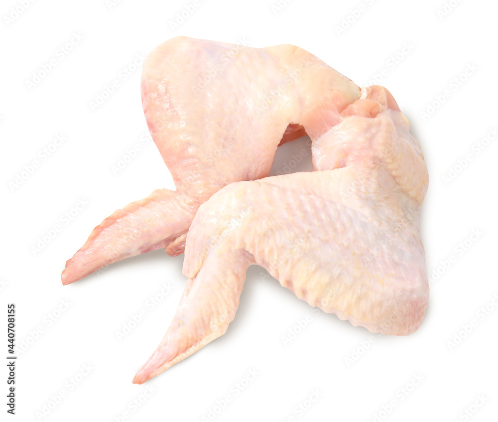 Raw chicken wings on white background, top view Raw chicken wings on white background, top view