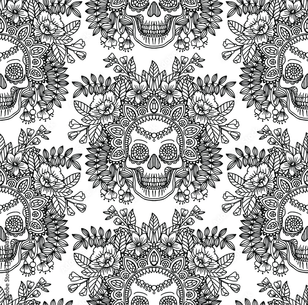 Seamless vector pattern with line drawn decorative human skull in flowers and leaves of herbs. Sketch for a tattoo. Texture for printing for the holidays Seamless vector pattern with line drawn decorative human skull in flowers and leaves of herbs. Sketch for a tattoo. Texture for printing for the holidays