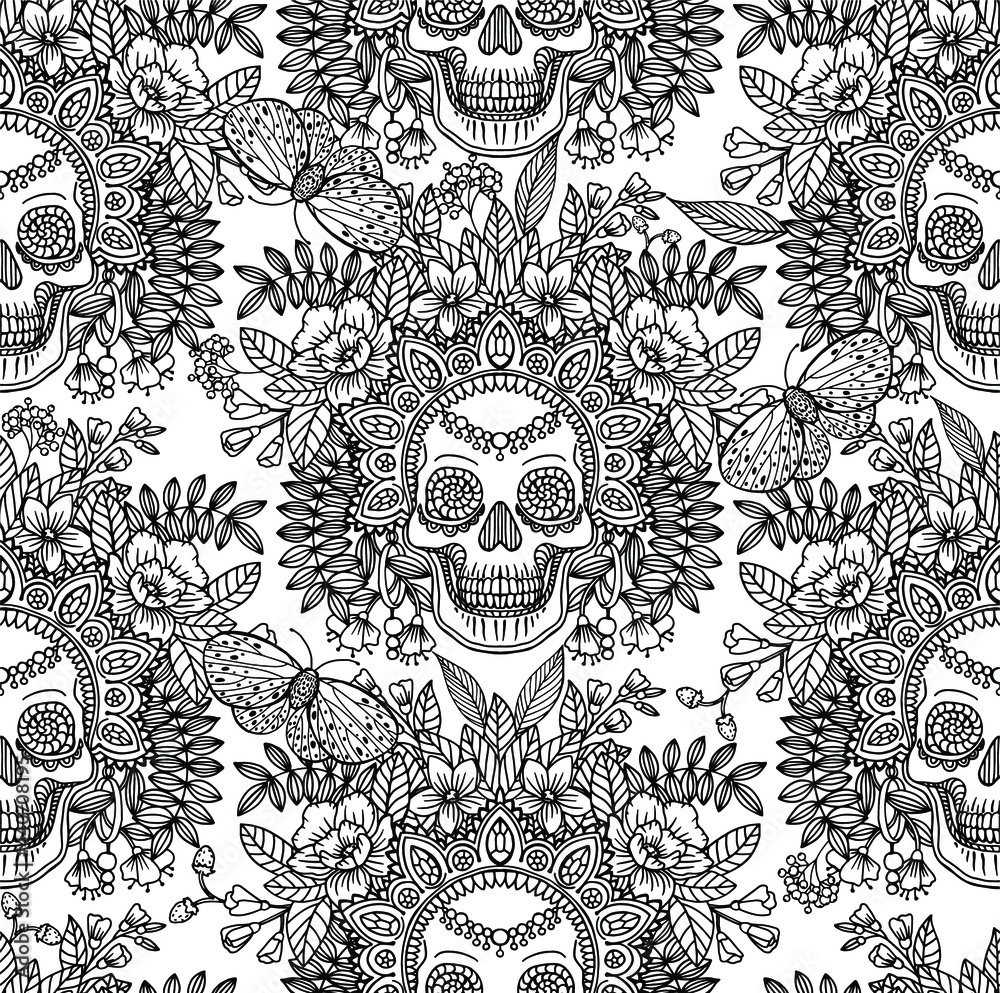 Seamless vector pattern with line drawn decorative human skull in flowers and leaves of herbs. Sketch for a tattoo. Texture for printing for the holidays 