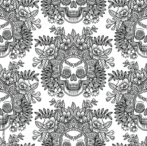 Seamless vector pattern with line drawn decorative human skull in flowers and leaves of herbs. Sketch for a tattoo. Texture for printing for the holidays "Death Day" or Halloween