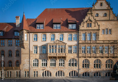 BIELEFELD, GERMANY. JUNE 12, 2021. View of beautiful facade of old traditional architecture.