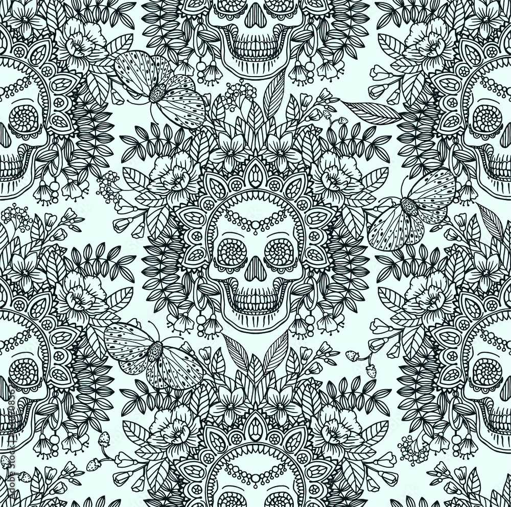 Seamless vector pattern with line drawn decorative human skull in flowers and leaves of herbs. Sketch for a tattoo. Texture for printing for the holidays Seamless vector pattern with line drawn decorative human skull in flowers and leaves of herbs. Sketch for a tattoo. Texture for printing for the holidays