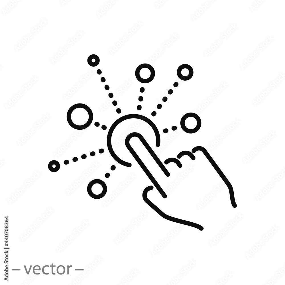 interaction icon, simple, interactive screen with button click finger, digital technology concept, user touch here, hand pointer, development choice variety, thin line vector illustration eps10 - obrazy, fototapety, plakaty 