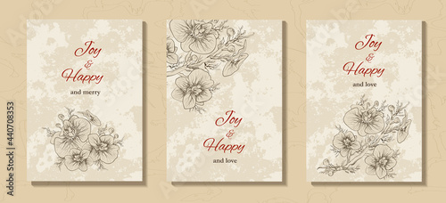 a set of art background, a postcard, a banner with an inscription under the text. hand-drawn branches, Orchid flowers in a minimalist style. modern background for holidays, print, your ideas. vintage 