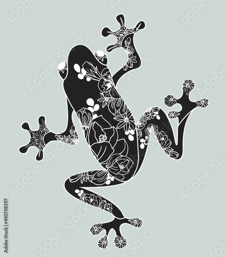 Black and white hand drawn decorative doodle frog in graphic style with flowers. Zentangle frog. Vector.