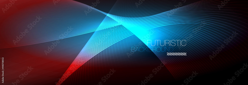 Abstract neon glowing light in the dark with waves. Shiny magic energy and motion concept, vector abstract wallpaper background Abstract neon glowing light in the dark with waves. Shiny magic energy and motion concept, vector abstract wallpaper background