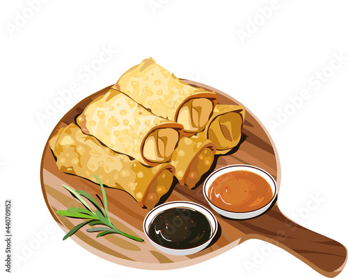 ngohiong Cebu, spring roll, isolated fried spring roll serve on a wooden plate with sauces. Asian food hand drawing close up realistic vector illustration on white background. 