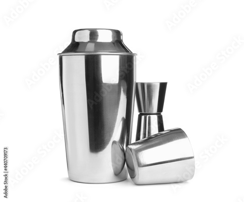 Konstfotografi Metal cocktail shaker, jigger and cup on white background