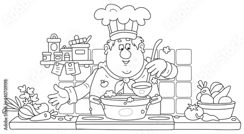 Funny chef cooking an original tasty soup with fresh vegetables and spices in his cozy kitchen, black and white outline vector cartoon illustration for a coloring book page