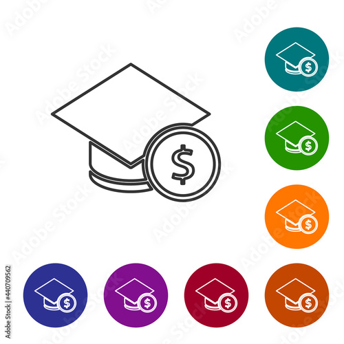 Black line Graduation cap and coin icon isolated on white background. Education and money. Concept of scholarship cost or loan, tuition or study fee. Set icons in color circle buttons. Vector.