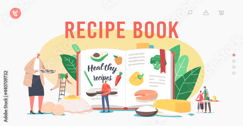 Recipe Book Landing Page Template. Characters Cooking Healthy Food. Men and Women Mix Ingredients Eggs, Butter and Flour