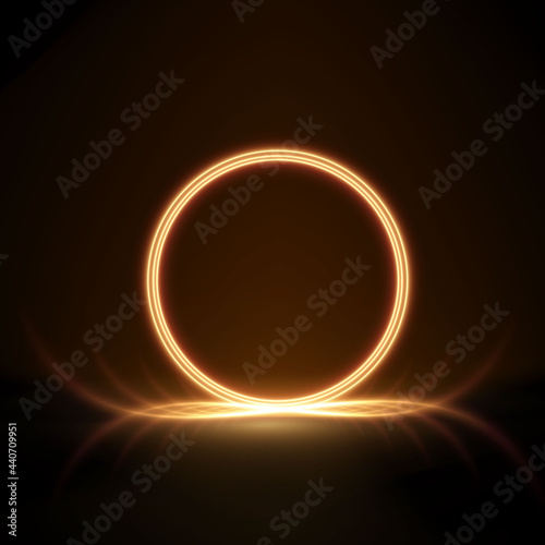 Luminous golden circle empty, with neon golden lines highlighting effects. Illuminated podium plinth for advertising, awards, awards ceremony, presentations. Glowing round gold frame.