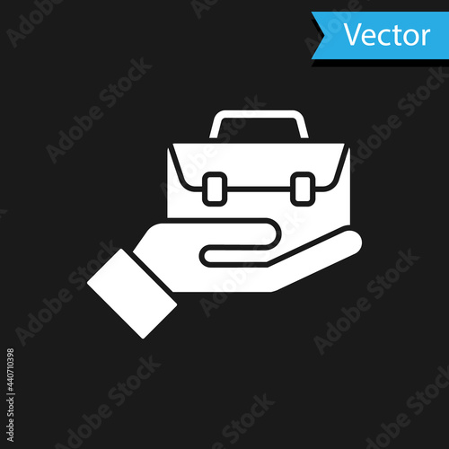 White Hand holding briefcase icon isolated on black background. Insurance concept. Security, safety, protection, protect concept. Vector.