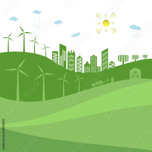 Silhouette of ecological city. Green energy with wind energy and solar panels. Concept of environment conservation.