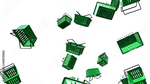 Green plastic shopping baskets on white background.
Loop able abstract animation for background.
 photo