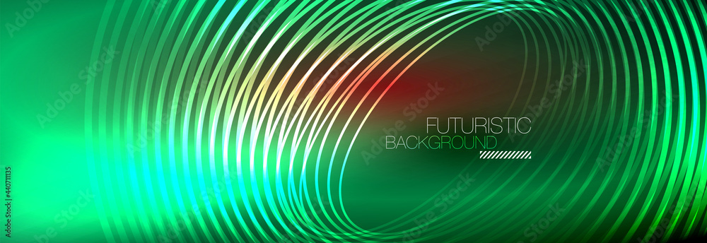 Dark abstract background with glowing neon circles. Trendy layout template for business or technology presentation, internet poster or web brochure cover, wallpaper