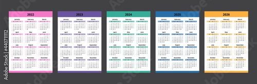 Calendar 2022, 2023, 2024, 2025, 2026. Colorful calendar template design. Week start on Sunday.