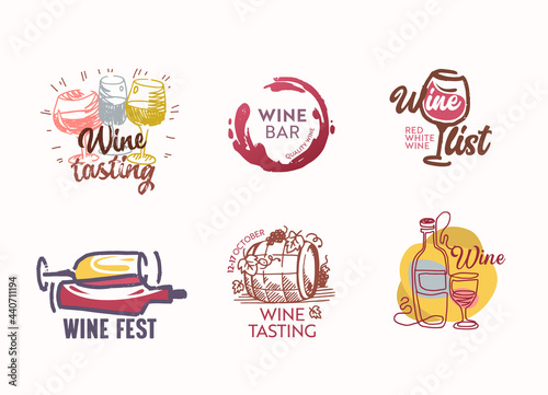 Set of Wine Icons or Labels with Barrel, Vine, Wineglasses or Bottles Isolated on White Background. Emblems for Festival