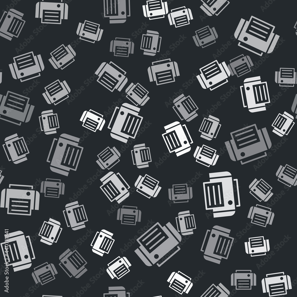 Grey Printer icon isolated seamless pattern on black background. Vector