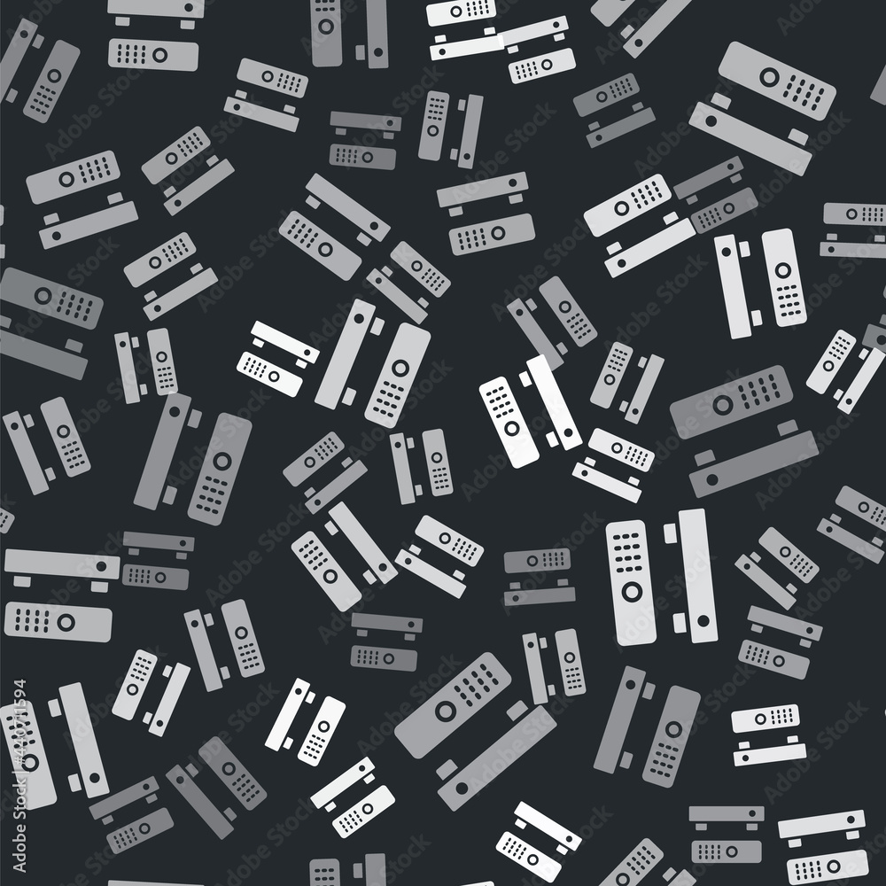 Grey Multimedia and TV box receiver and player with remote controller icon isolated seamless pattern on black background. Vector Grey Multimedia and TV box receiver and player with remote controller icon isolated seamless pattern on black background. Vector