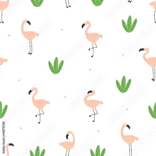 Seamless pattern with cute cartoon flamingos, plant. hand drawing. Flat colorful vector. animal theme. design for fabric, textile, print, wrapper