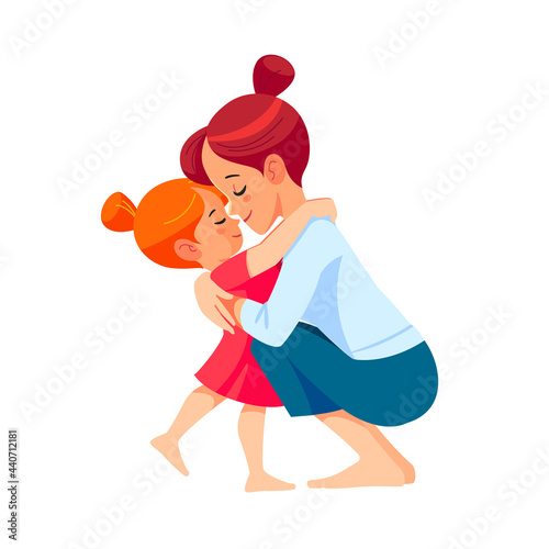 Cute little girl greeting her mother at home. Mother's day concept. Parent and child. Mom hugging her daughter with a lot of love and tenderness. Cartoon flat isolated vector design