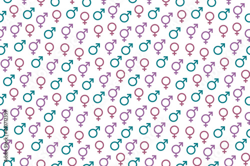 Female, male and transgender symbols seamless pattern. Repetitive vector illustration of sexuality icons on transparent background. Intersex signs. 