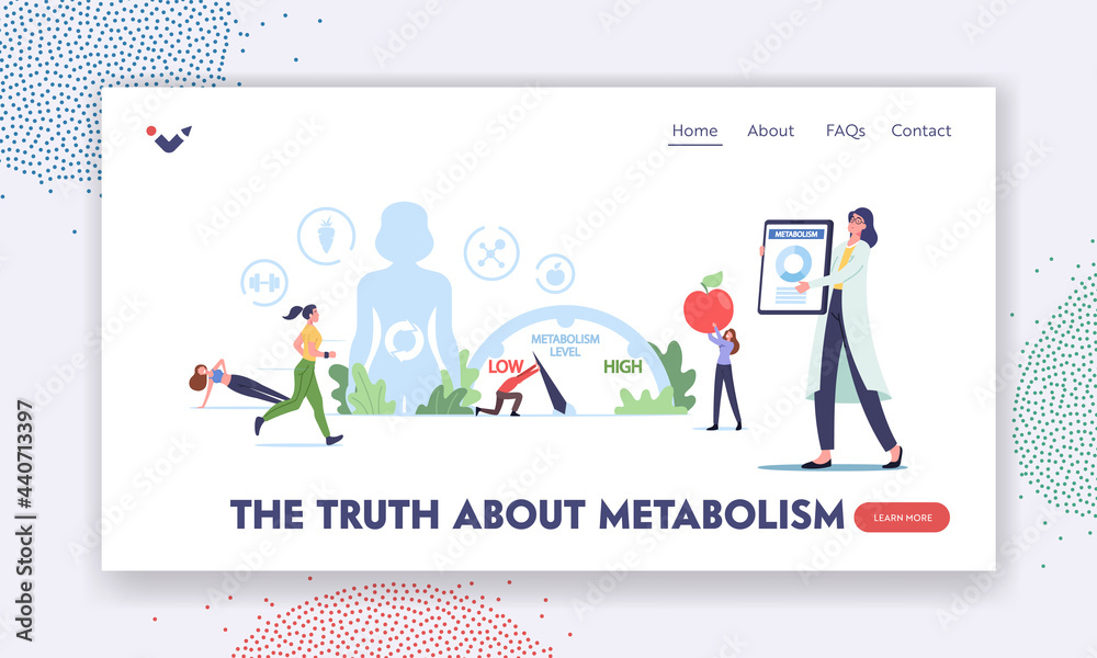 Truth about Metabolism Landing Page Template. Tiny Characters at Huge Body with Digestive Tract Biochemistry Process