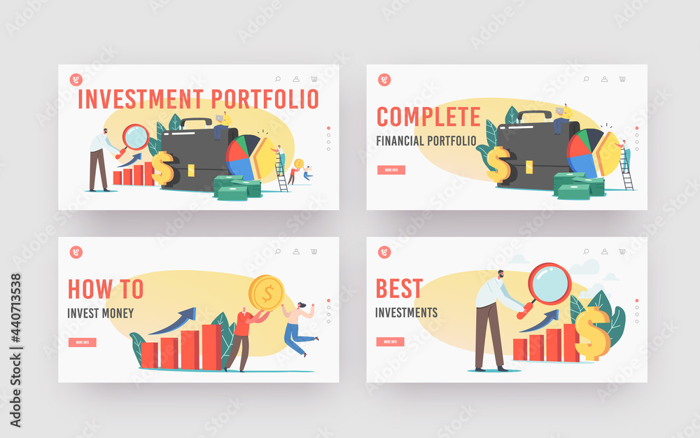 Investor Portfolio Landing Page Template Set. Tiny Characters at Huge Briefcase with Glass, Money Pile and Grow Chart