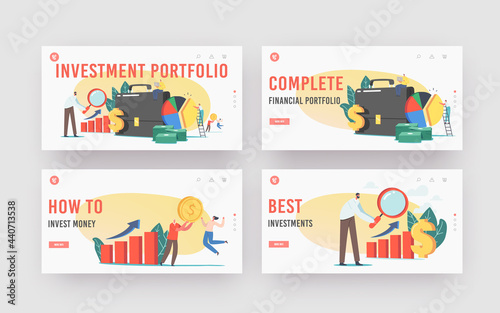 Investor Portfolio Landing Page Template Set. Tiny Characters at Huge Briefcase with Glass, Money Pile and Grow Chart