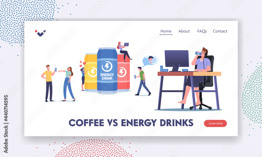 Coffee VS Energy Drinks Landing Page Template. Tiny Characters Addicted of Caffeine Energetic Beverages