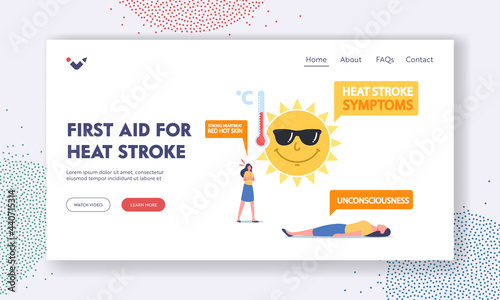 First Aid for Heat Stroke Landing Page Template. Female Characters Suffer of Sun Heat with Strong Heartbeat or Red Skin