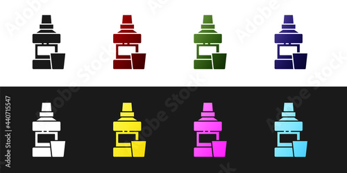 Set Mouthwash plastic bottle and glass icon isolated on black and white background. Liquid for rinsing mouth. Oralcare equipment. Vector