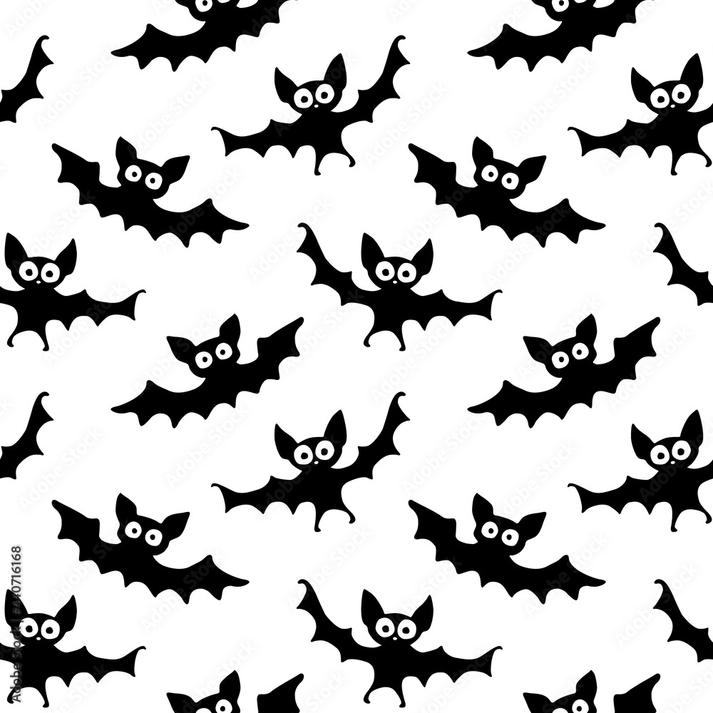 Fototapeta premium Flying bats seamless pattern. Cute Spooky vector Illustration. Halloween backgrounds and textures in flat cartoon gothic style. Black silhouettes animals on sky