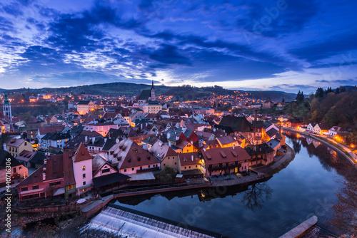 Evening view of Cesky Krumlov old town from castle