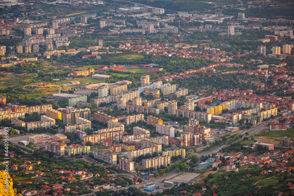 Sunset over  Sliven city, aerial panoramic view of town