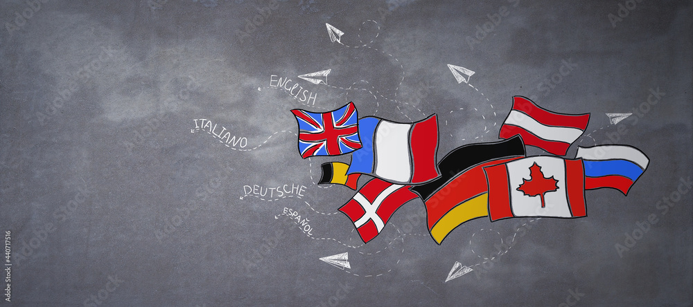 Creative flags sketch with airplanes on concrete wall background with mock up place. Travel and foreign languages workshop concept. - obrazy, fototapety, plakaty 