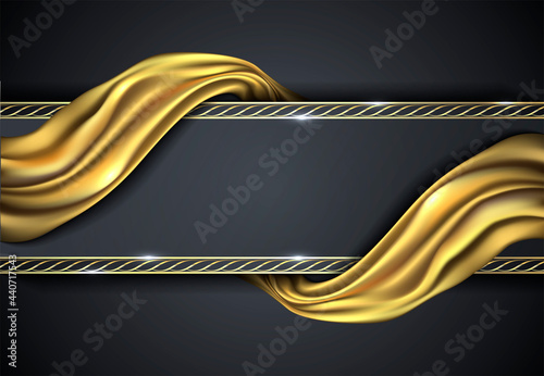 Abstract background for design. Gold draped fabric on a dark background with gold decor.