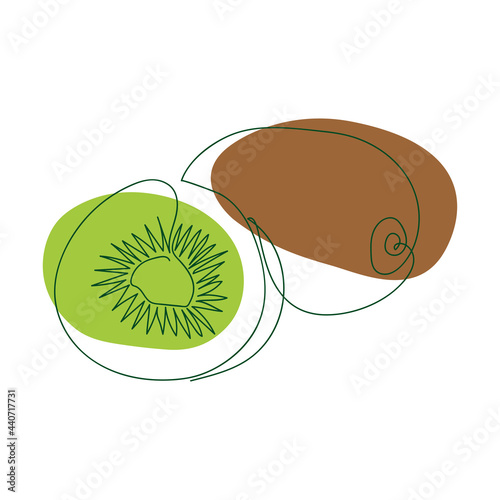 hand-drawn whole kiwi and half kiwi in one solid line against a background of abstract spots of green and brown on a white background