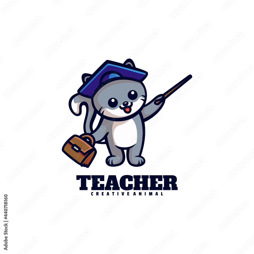 Vector Logo Illustration Teacher Cat Mascot Cartoon Style.