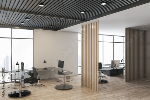 Stylish open space office hall with dark glass tables, wooden partitions and city view from big window. 3D rendering.