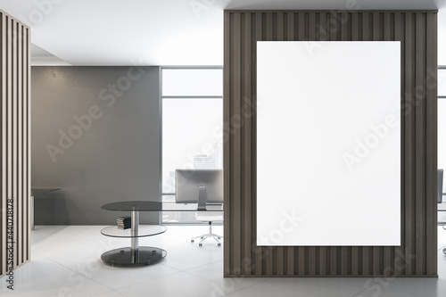 Modern office interior with city view, furniture and empty banner on wooden partition. Mock up, 3D Rendering.