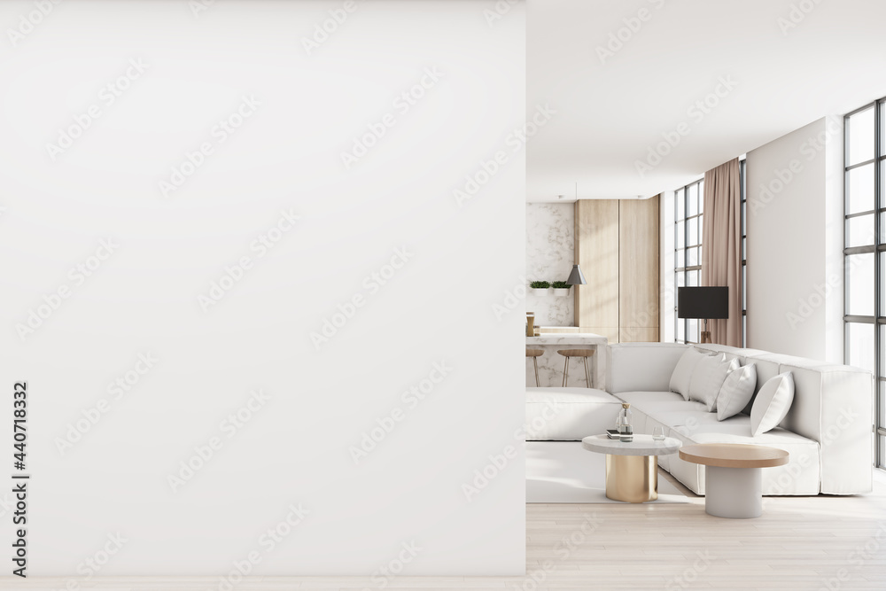 Modern living room interior with comfortable couch, city view with daylight and blank mockup place on concrete wall. Mock up, 3D Rendering. - obrazy, fototapety, plakaty 