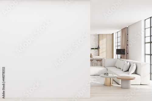 Modern living room interior with comfortable couch, city view with daylight and blank mockup place on concrete wall. Mock up, 3D Rendering. photo