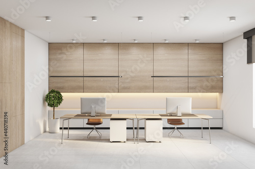 Modern concrete and wooden office interior with daylight and furniture. 3D Rendering.